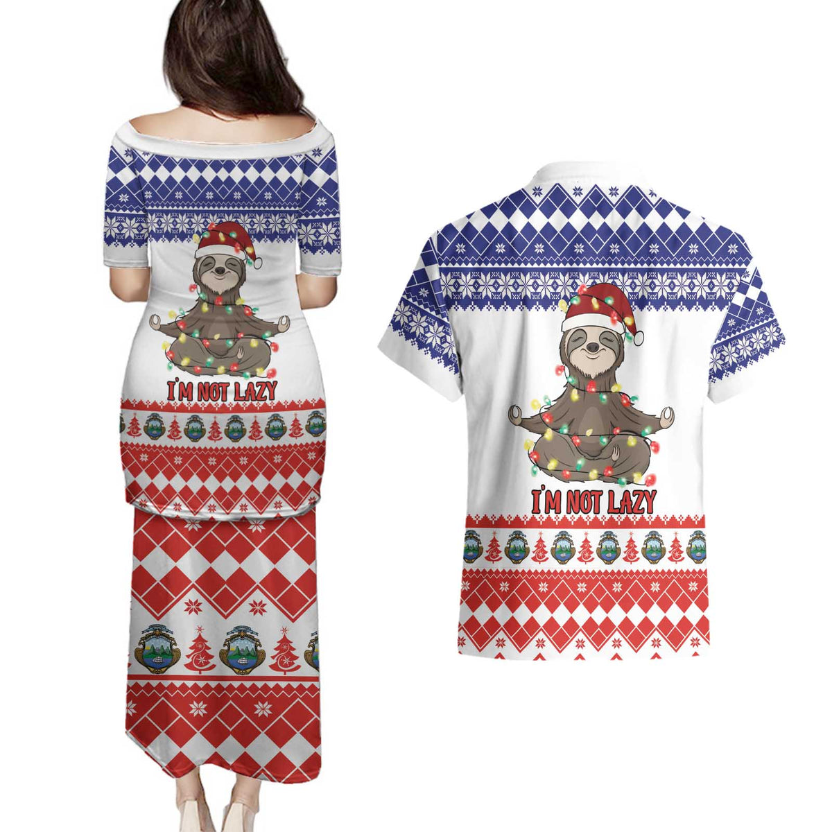 Costa Rica Christmas Couples Matching Puletasi and Hawaiian Shirt Merry Slothmas - Wonder Print Shop