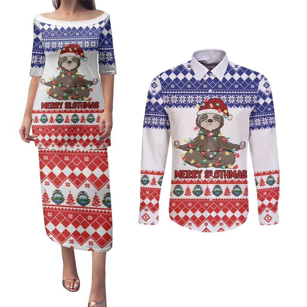 Costa Rica Christmas Couples Matching Puletasi and Long Sleeve Button Shirt Merry Slothmas - Wonder Print Shop