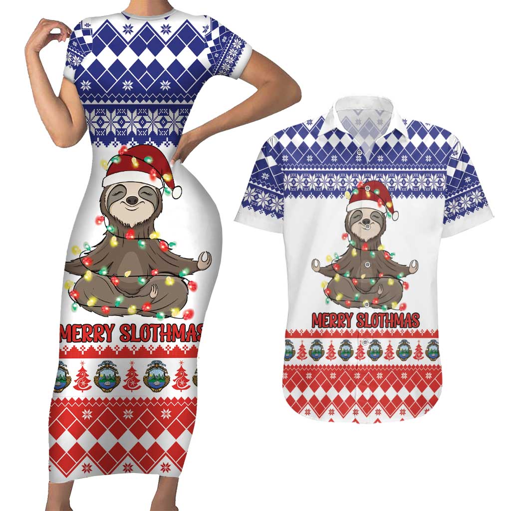Costa Rica Christmas Couples Matching Short Sleeve Bodycon Dress and Hawaiian Shirt Merry Slothmas - Wonder Print Shop