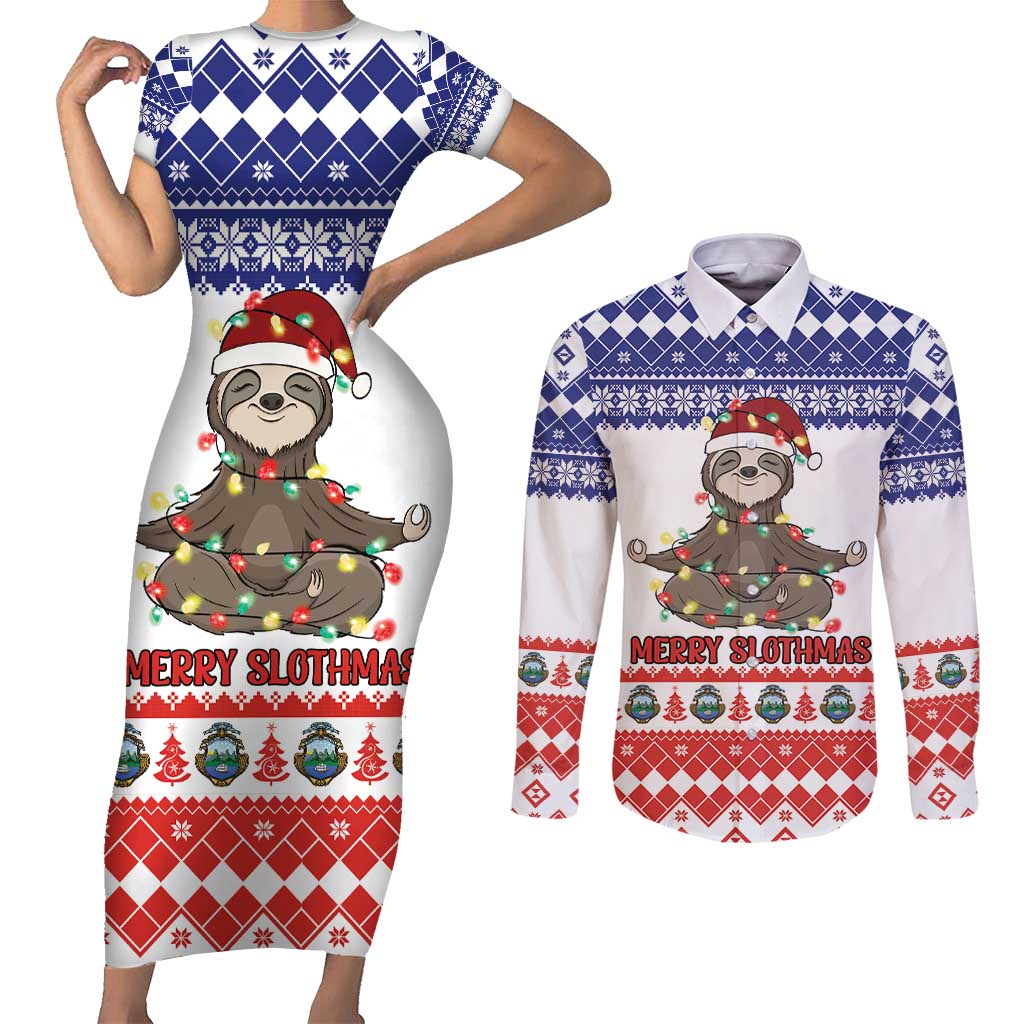 Costa Rica Christmas Couples Matching Short Sleeve Bodycon Dress and Long Sleeve Button Shirt Merry Slothmas - Wonder Print Shop