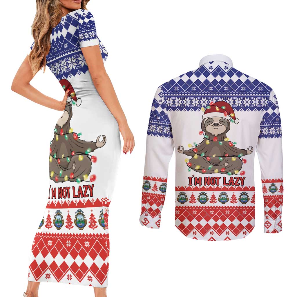 Costa Rica Christmas Couples Matching Short Sleeve Bodycon Dress and Long Sleeve Button Shirt Merry Slothmas - Wonder Print Shop