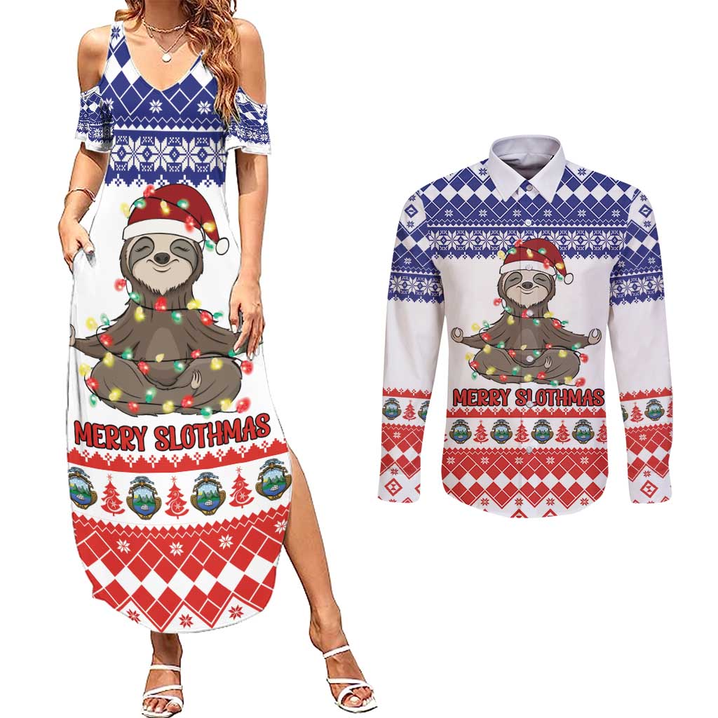 Costa Rica Christmas Couples Matching Summer Maxi Dress and Long Sleeve Button Shirt Merry Slothmas - Wonder Print Shop