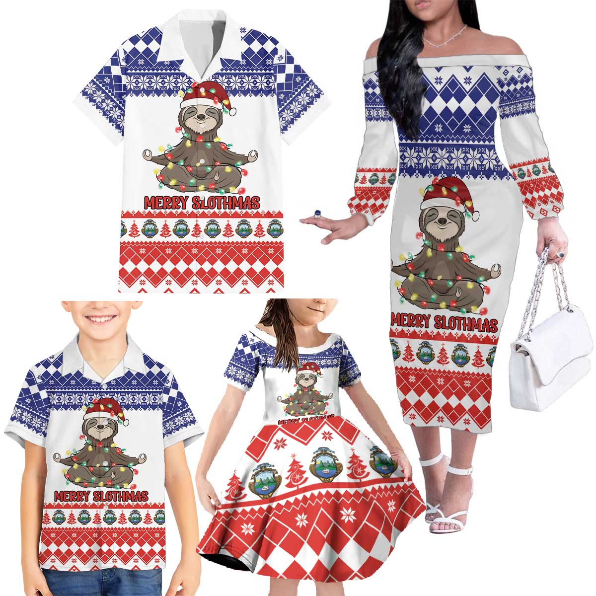 Costa Rica Christmas Family Matching Off The Shoulder Long Sleeve Dress and Hawaiian Shirt Merry Slothmas - Wonder Print Shop