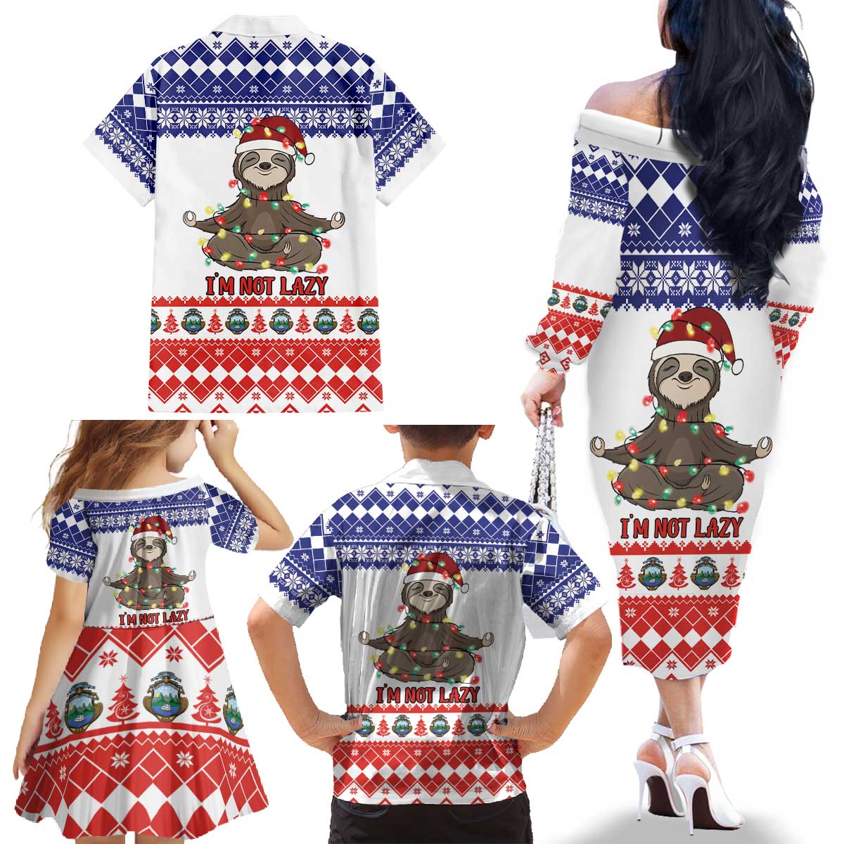 Costa Rica Christmas Family Matching Off The Shoulder Long Sleeve Dress and Hawaiian Shirt Merry Slothmas - Wonder Print Shop