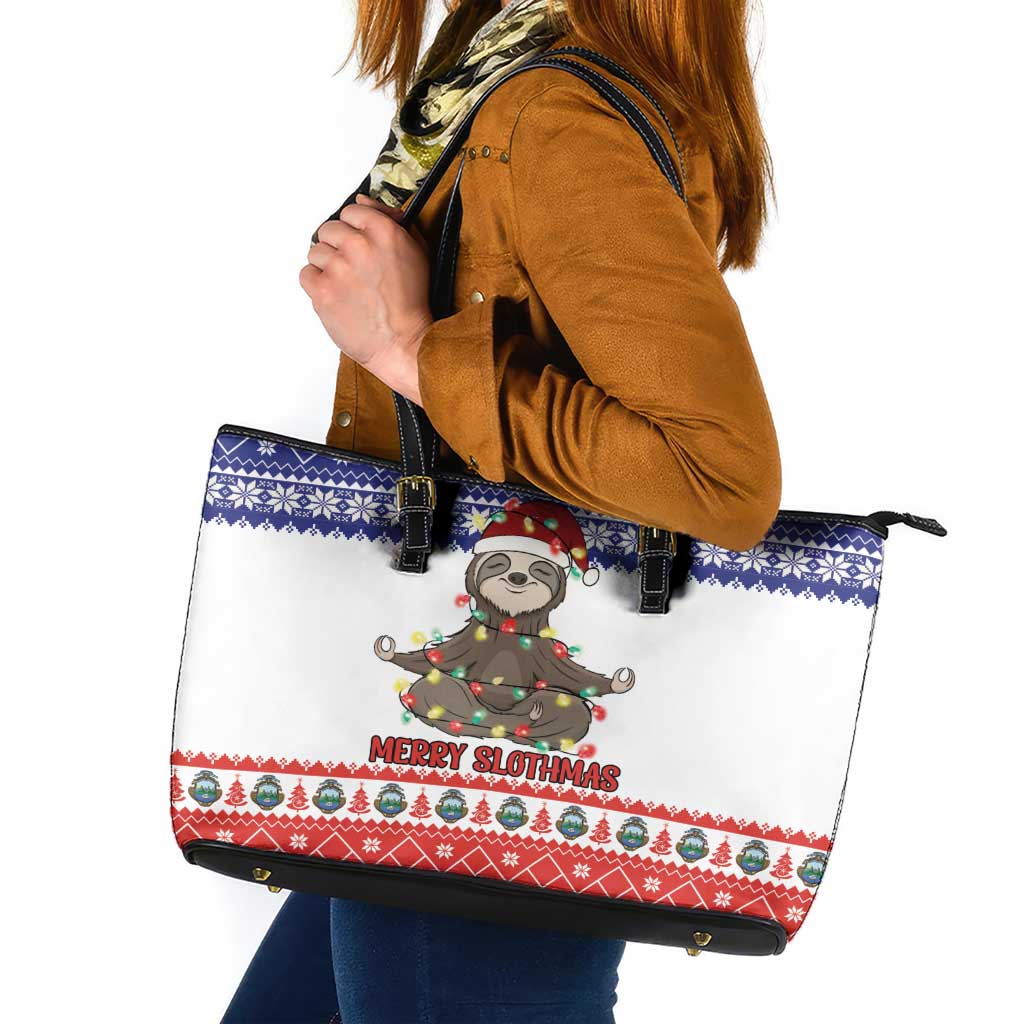 Costa Rica Christmas Leather Tote Bag Merry Slothmas - Wonder Print Shop