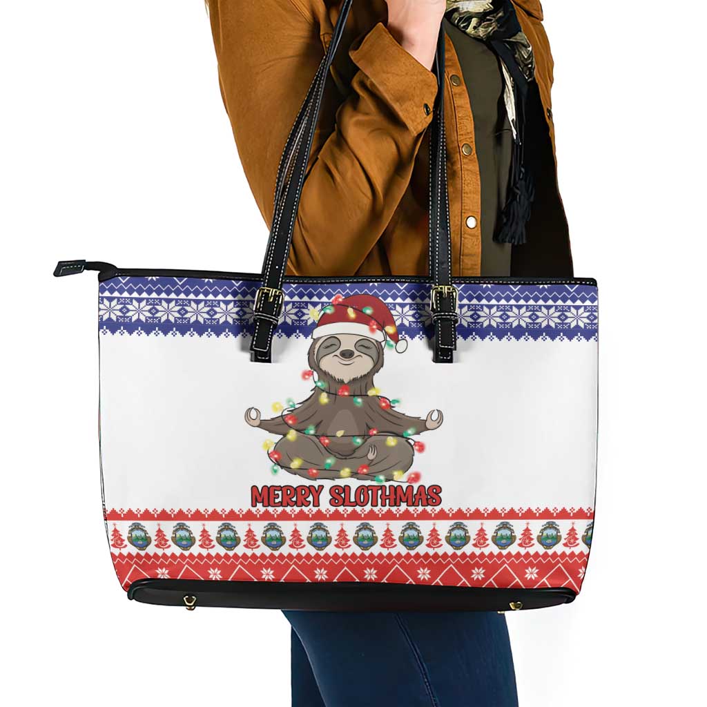 Costa Rica Christmas Leather Tote Bag Merry Slothmas - Wonder Print Shop