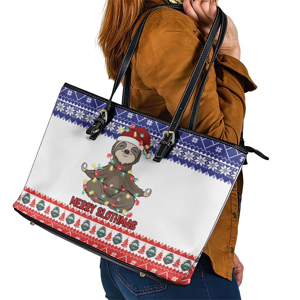 Costa Rica Christmas Leather Tote Bag Merry Slothmas - Wonder Print Shop
