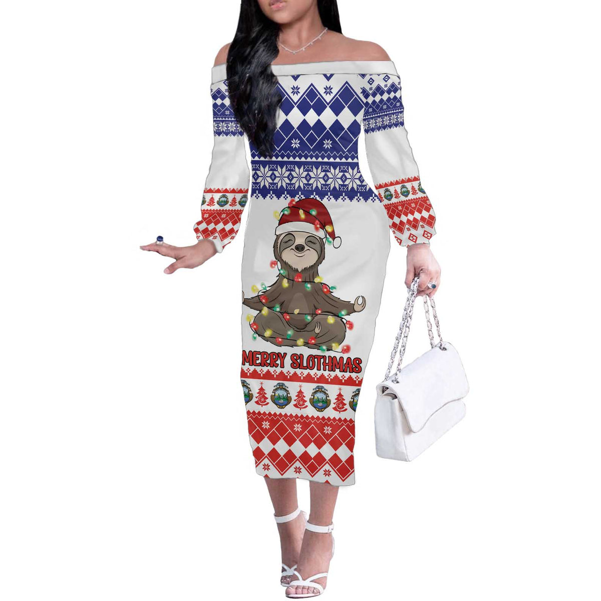 Costa Rica Christmas Off The Shoulder Long Sleeve Dress Merry Slothmas - Wonder Print Shop