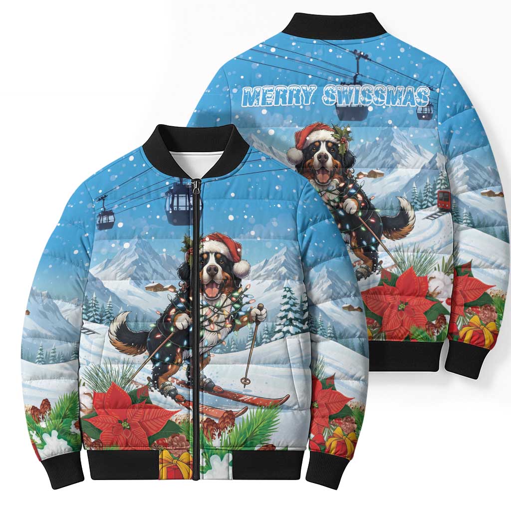 Switzerland Christmas Bomber Puffer Jacket Merry Swissmas Bernese Mountain Dog - Wonder Print Shop