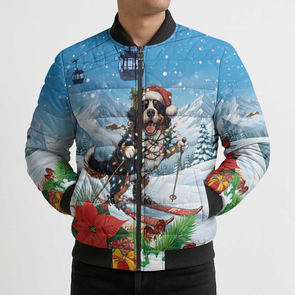 Switzerland Christmas Bomber Puffer Jacket Merry Swissmas Bernese Mountain Dog - Wonder Print Shop