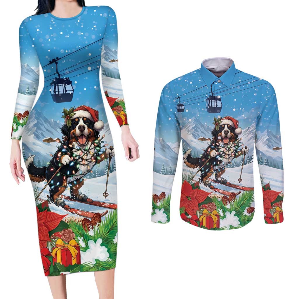 Switzerland Christmas Couples Matching Long Sleeve Bodycon Dress and Long Sleeve Button Shirt Merry Swissmas Bernese Mountain Dog - Wonder Print Shop