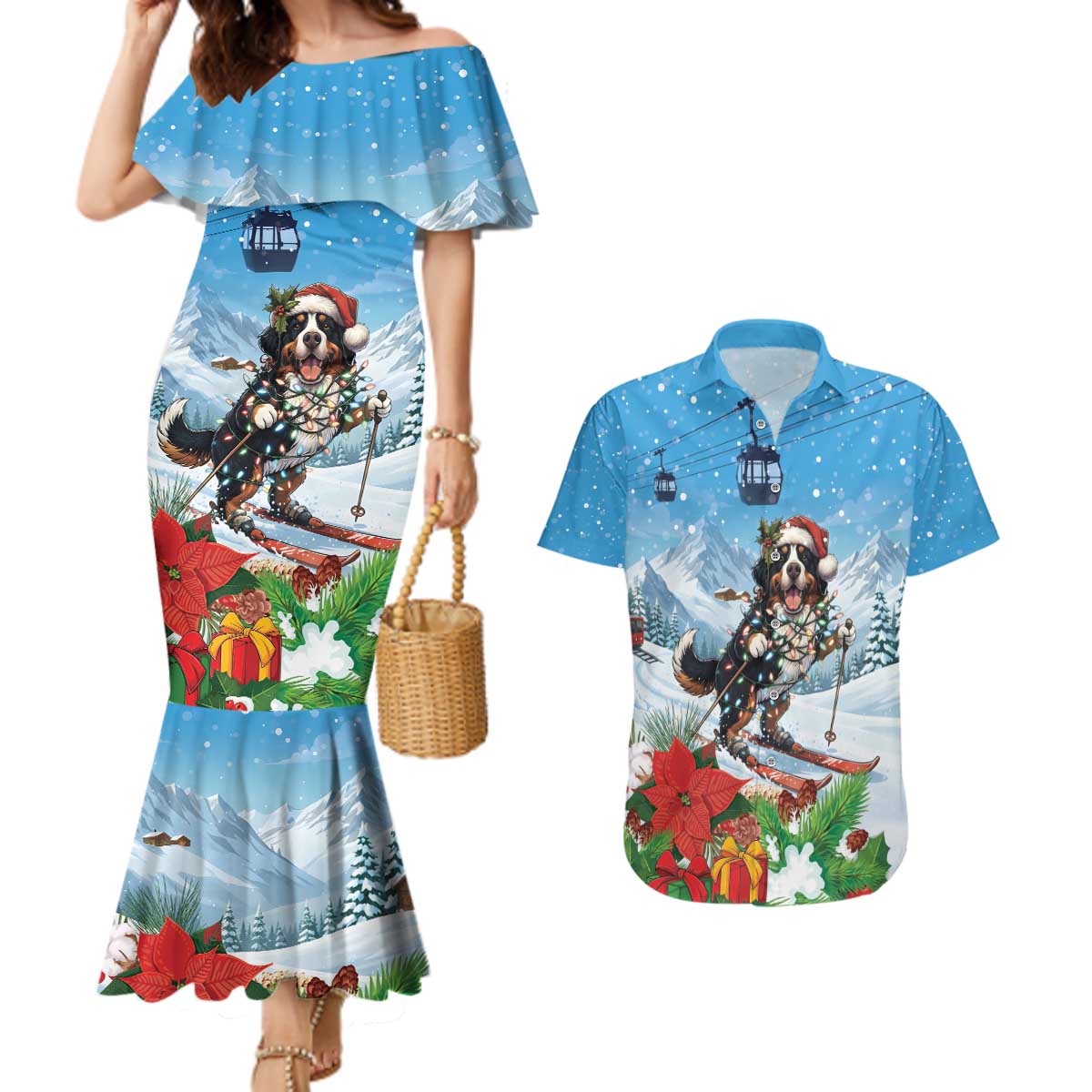 Switzerland Christmas Couples Matching Mermaid Dress and Hawaiian Shirt Merry Swissmas Bernese Mountain Dog - Wonder Print Shop