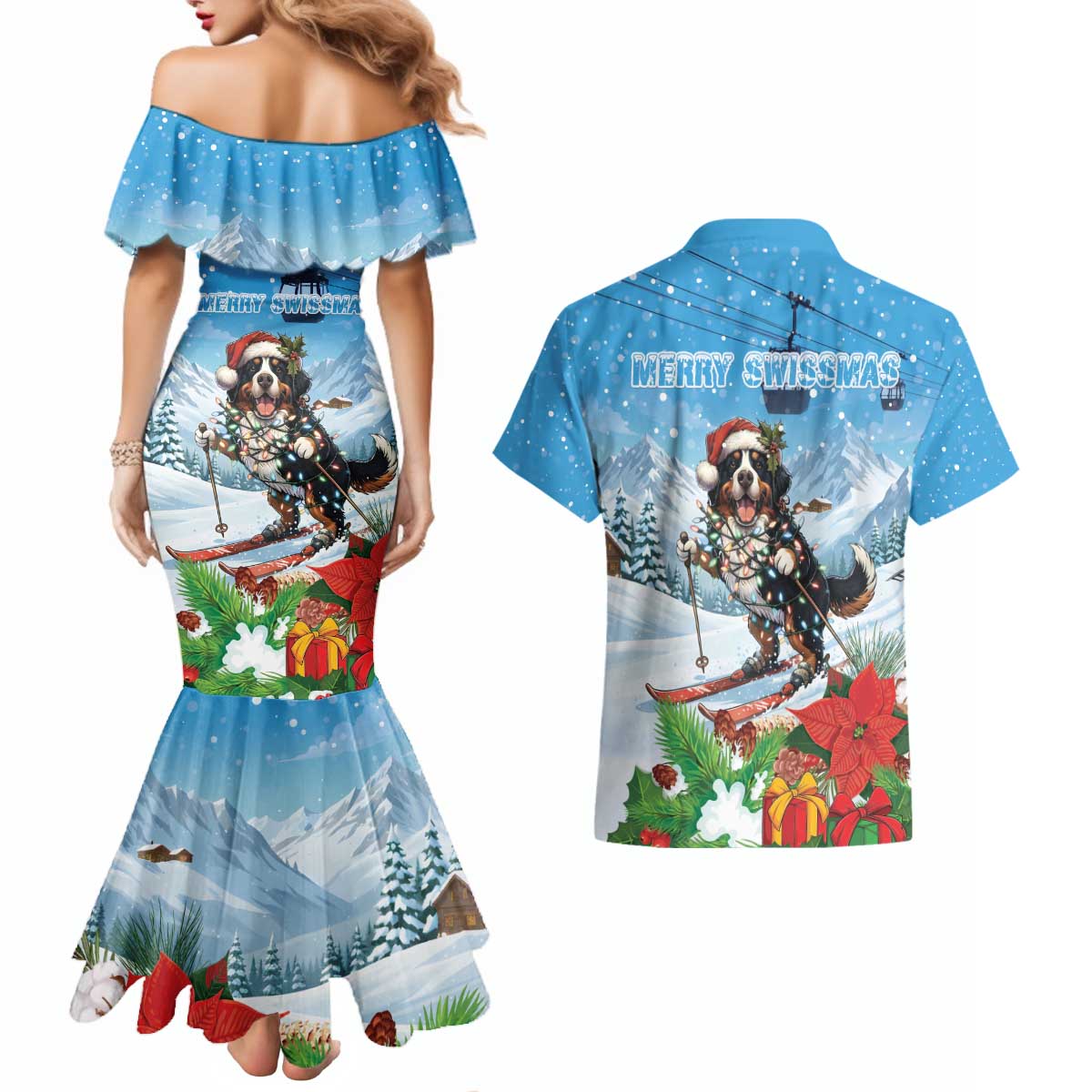 Switzerland Christmas Couples Matching Mermaid Dress and Hawaiian Shirt Merry Swissmas Bernese Mountain Dog - Wonder Print Shop