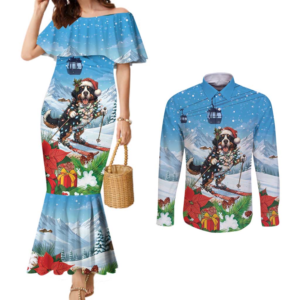 Switzerland Christmas Couples Matching Mermaid Dress and Long Sleeve Button Shirt Merry Swissmas Bernese Mountain Dog - Wonder Print Shop