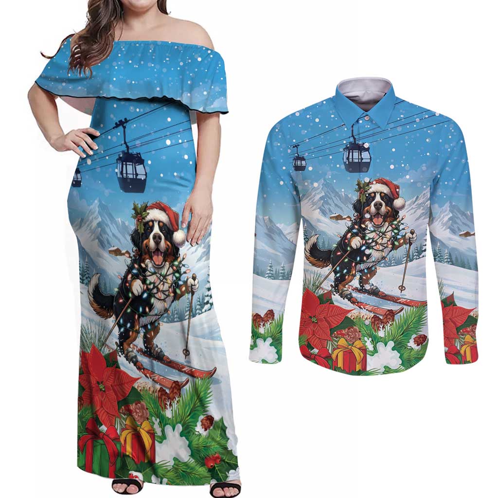 Switzerland Christmas Couples Matching Off Shoulder Maxi Dress and Long Sleeve Button Shirt Merry Swissmas Bernese Mountain Dog - Wonder Print Shop