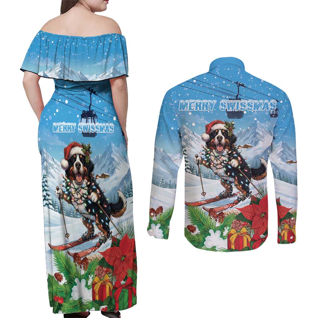 Switzerland Christmas Couples Matching Off Shoulder Maxi Dress and Long Sleeve Button Shirt Merry Swissmas Bernese Mountain Dog - Wonder Print Shop