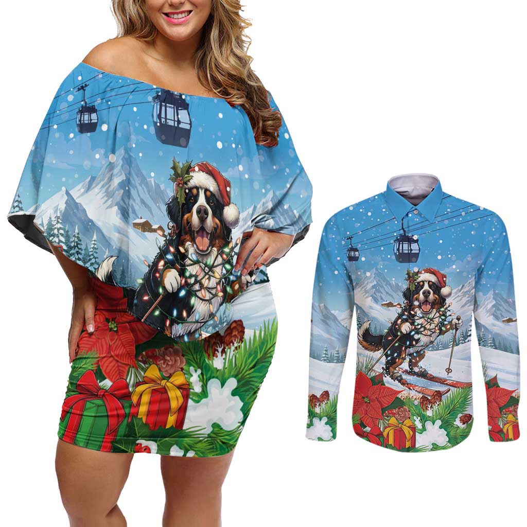 Switzerland Christmas Couples Matching Off Shoulder Short Dress and Long Sleeve Button Shirt Merry Swissmas Bernese Mountain Dog - Wonder Print Shop