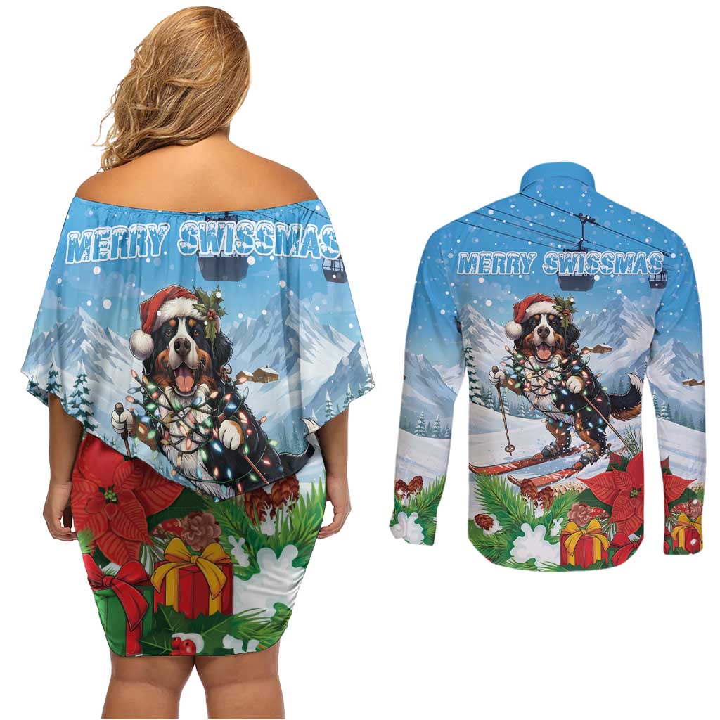 Switzerland Christmas Couples Matching Off Shoulder Short Dress and Long Sleeve Button Shirt Merry Swissmas Bernese Mountain Dog - Wonder Print Shop