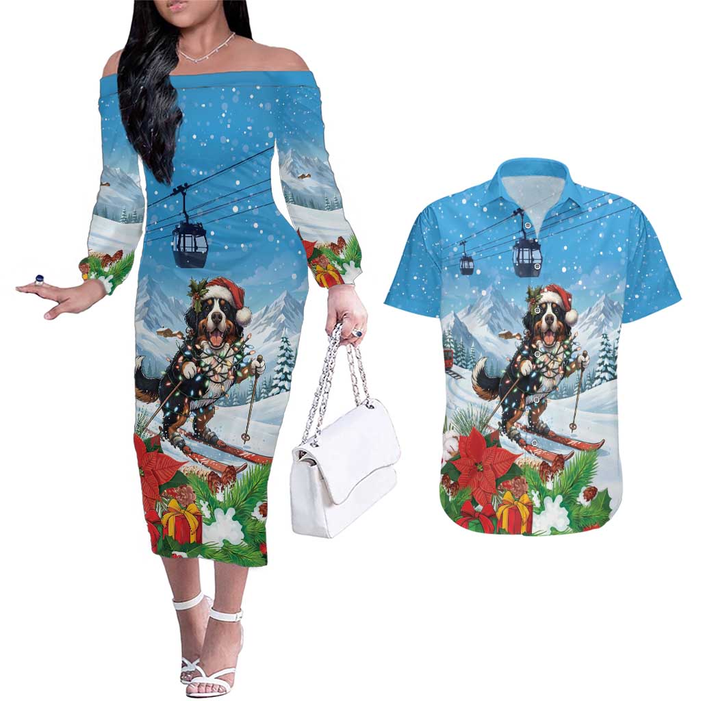 Switzerland Christmas Couples Matching Off The Shoulder Long Sleeve Dress and Hawaiian Shirt Merry Swissmas Bernese Mountain Dog - Wonder Print Shop