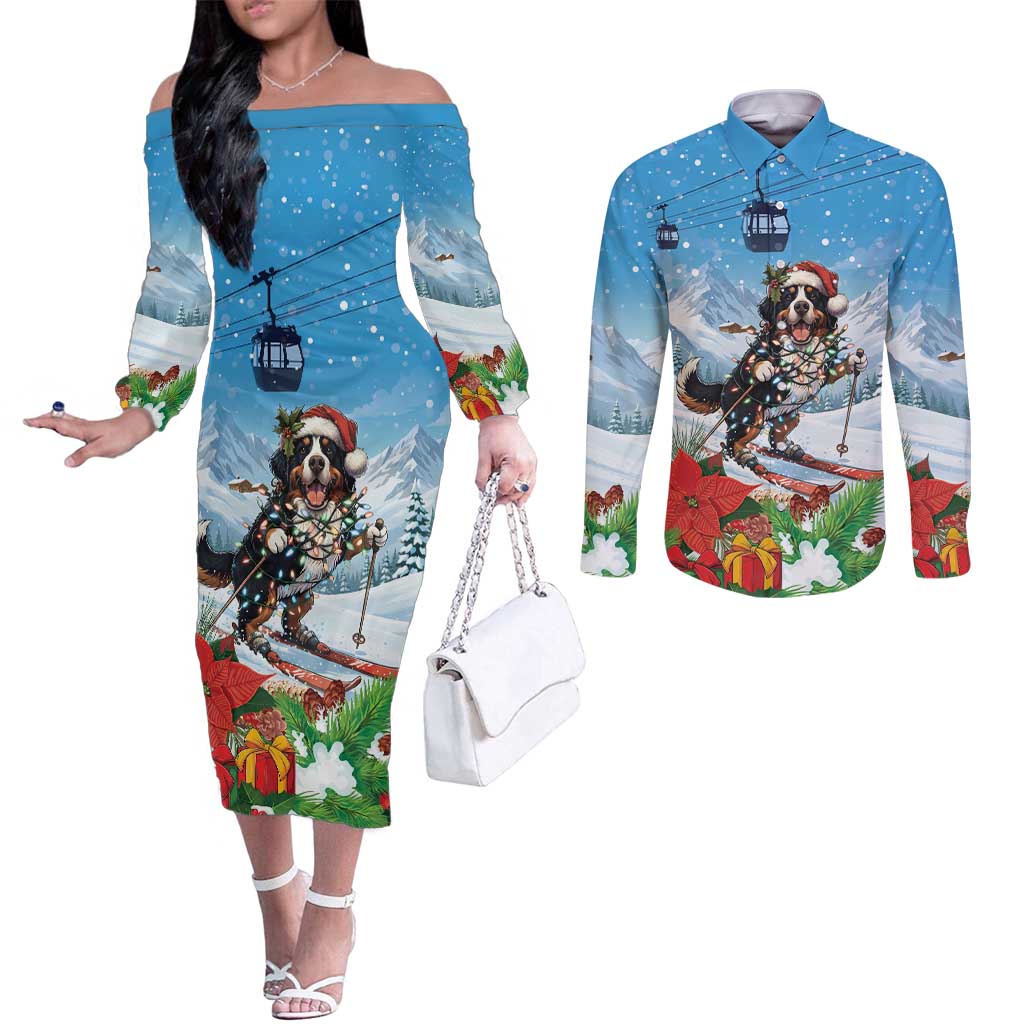 Switzerland Christmas Couples Matching Off The Shoulder Long Sleeve Dress and Long Sleeve Button Shirt Merry Swissmas Bernese Mountain Dog - Wonder Print Shop