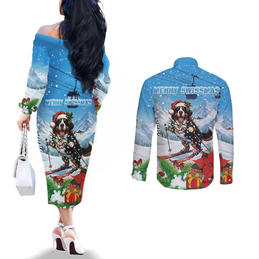 Switzerland Christmas Couples Matching Off The Shoulder Long Sleeve Dress and Long Sleeve Button Shirt Merry Swissmas Bernese Mountain Dog - Wonder Print Shop