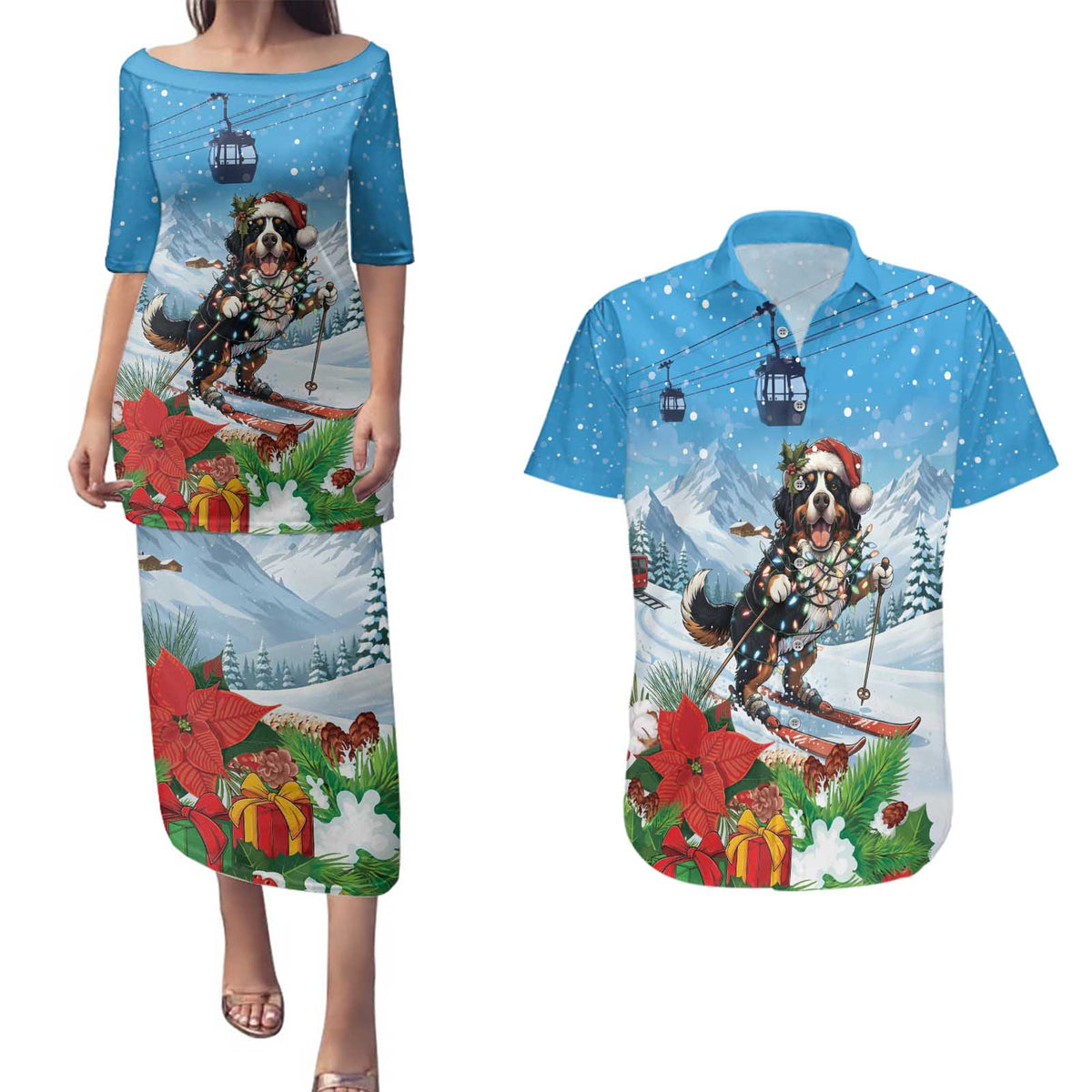 Switzerland Christmas Couples Matching Puletasi and Hawaiian Shirt Merry Swissmas Bernese Mountain Dog - Wonder Print Shop