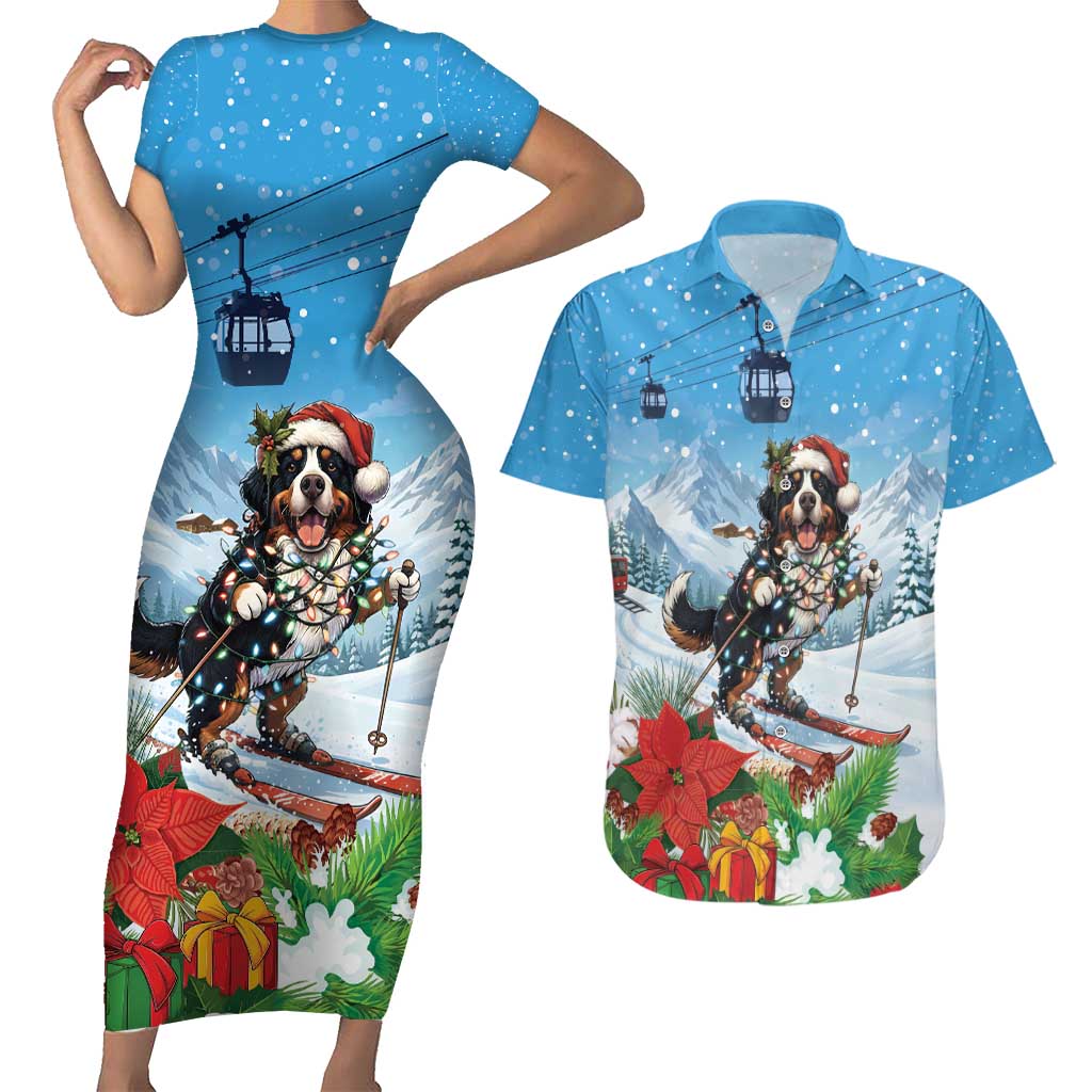 Switzerland Christmas Couples Matching Short Sleeve Bodycon Dress and Hawaiian Shirt Merry Swissmas Bernese Mountain Dog - Wonder Print Shop