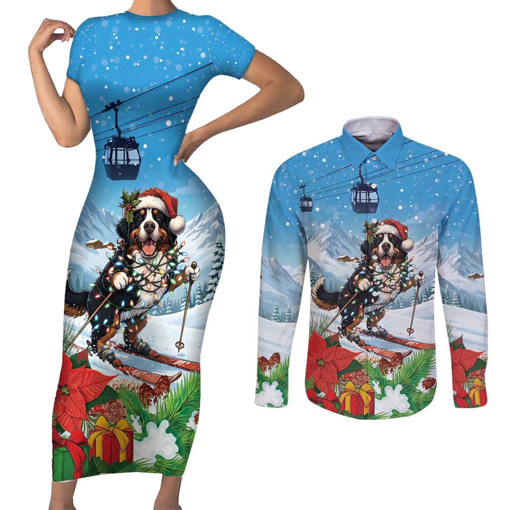 Switzerland Christmas Couples Matching Short Sleeve Bodycon Dress and Long Sleeve Button Shirt Merry Swissmas Bernese Mountain Dog - Wonder Print Shop