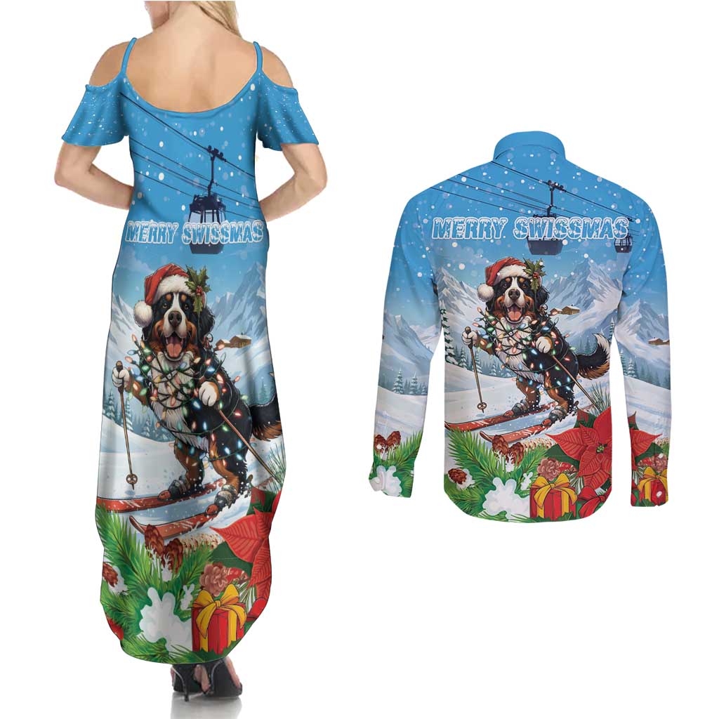 Switzerland Christmas Couples Matching Summer Maxi Dress and Long Sleeve Button Shirt Merry Swissmas Bernese Mountain Dog - Wonder Print Shop