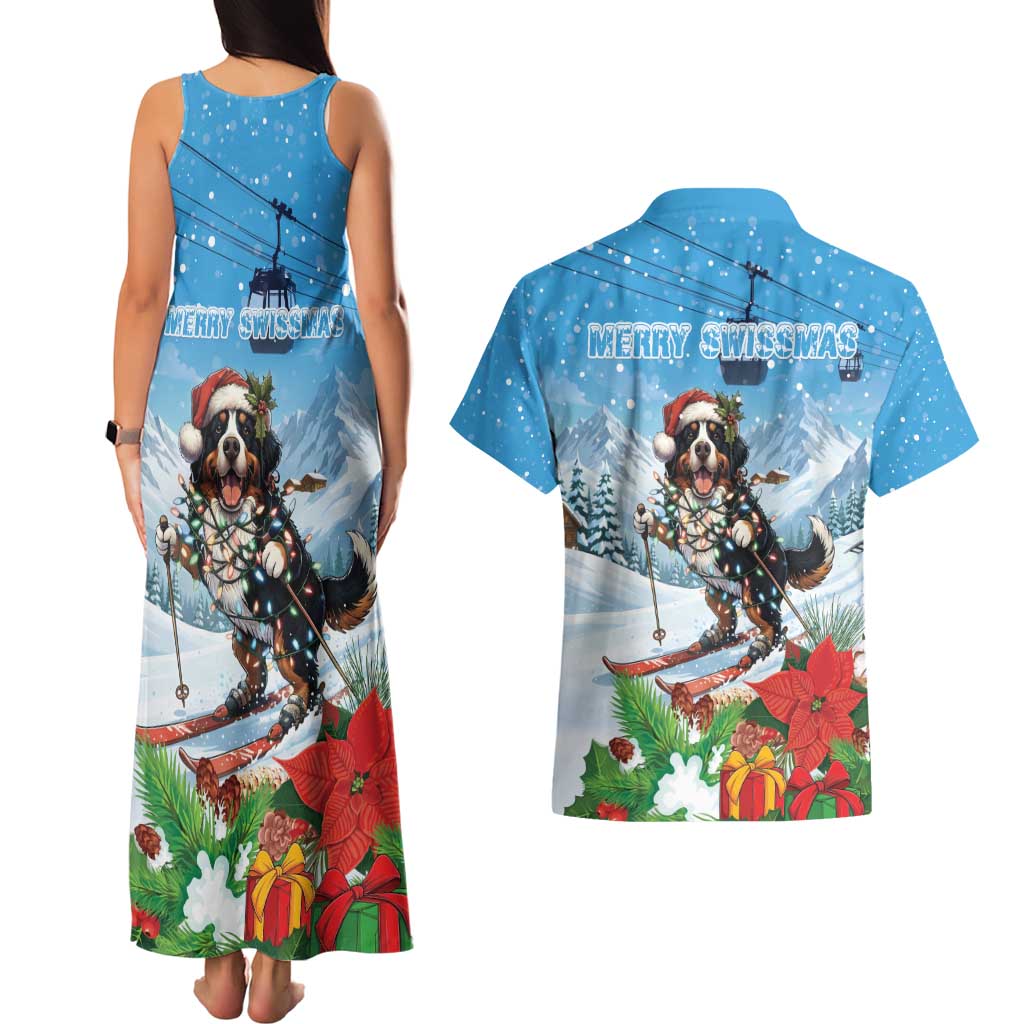Switzerland Christmas Couples Matching Tank Maxi Dress and Hawaiian Shirt Merry Swissmas Bernese Mountain Dog - Wonder Print Shop