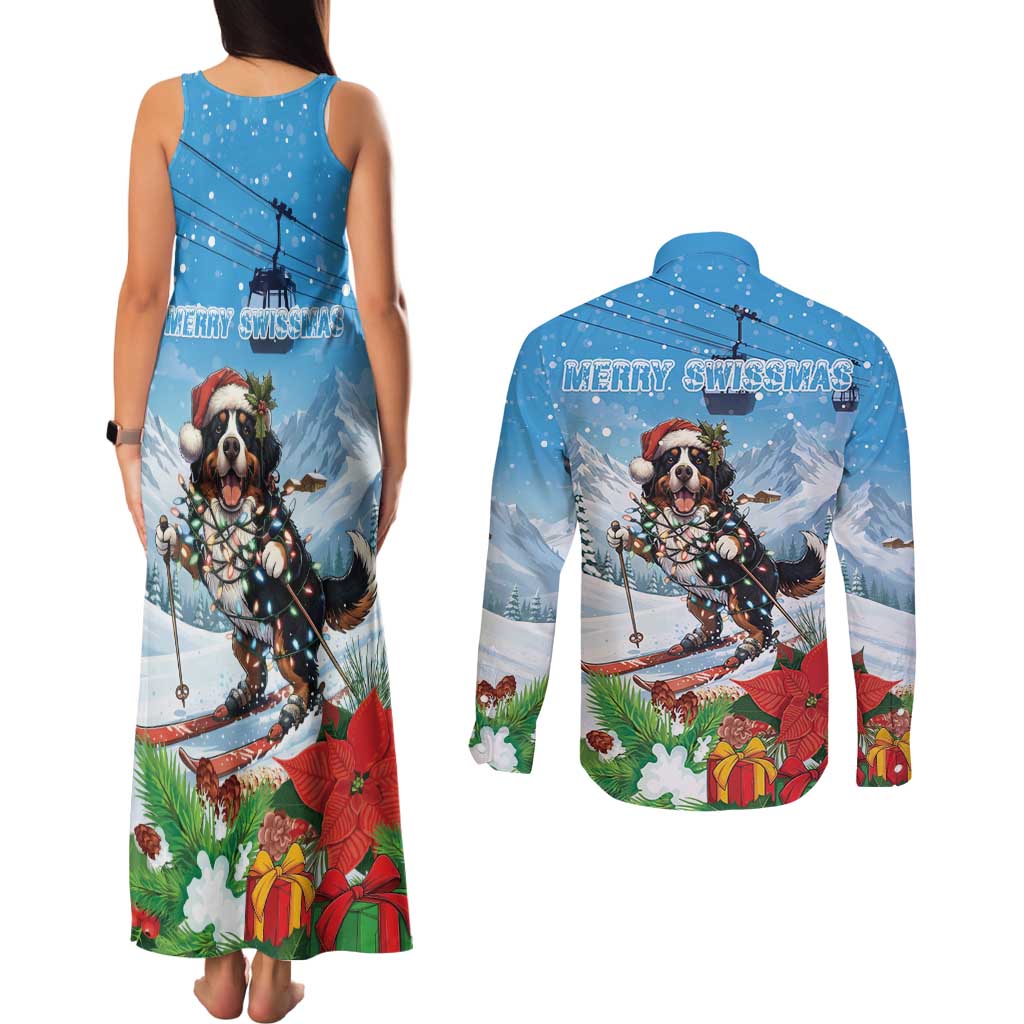 Switzerland Christmas Couples Matching Tank Maxi Dress and Long Sleeve Button Shirt Merry Swissmas Bernese Mountain Dog - Wonder Print Shop