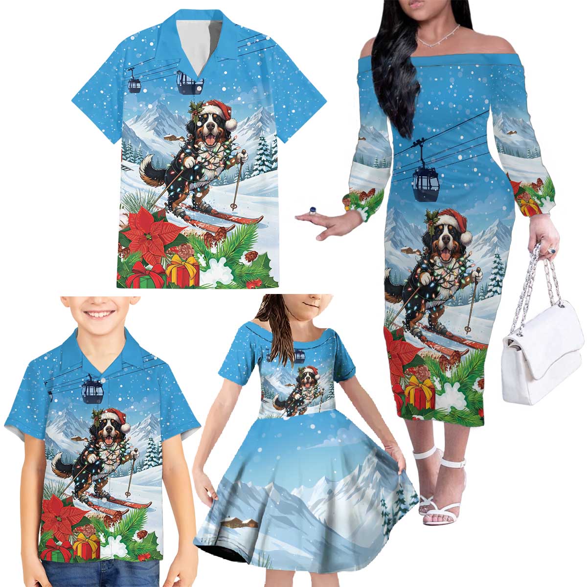 Switzerland Christmas Family Matching Off The Shoulder Long Sleeve Dress and Hawaiian Shirt Merry Swissmas Bernese Mountain Dog - Wonder Print Shop