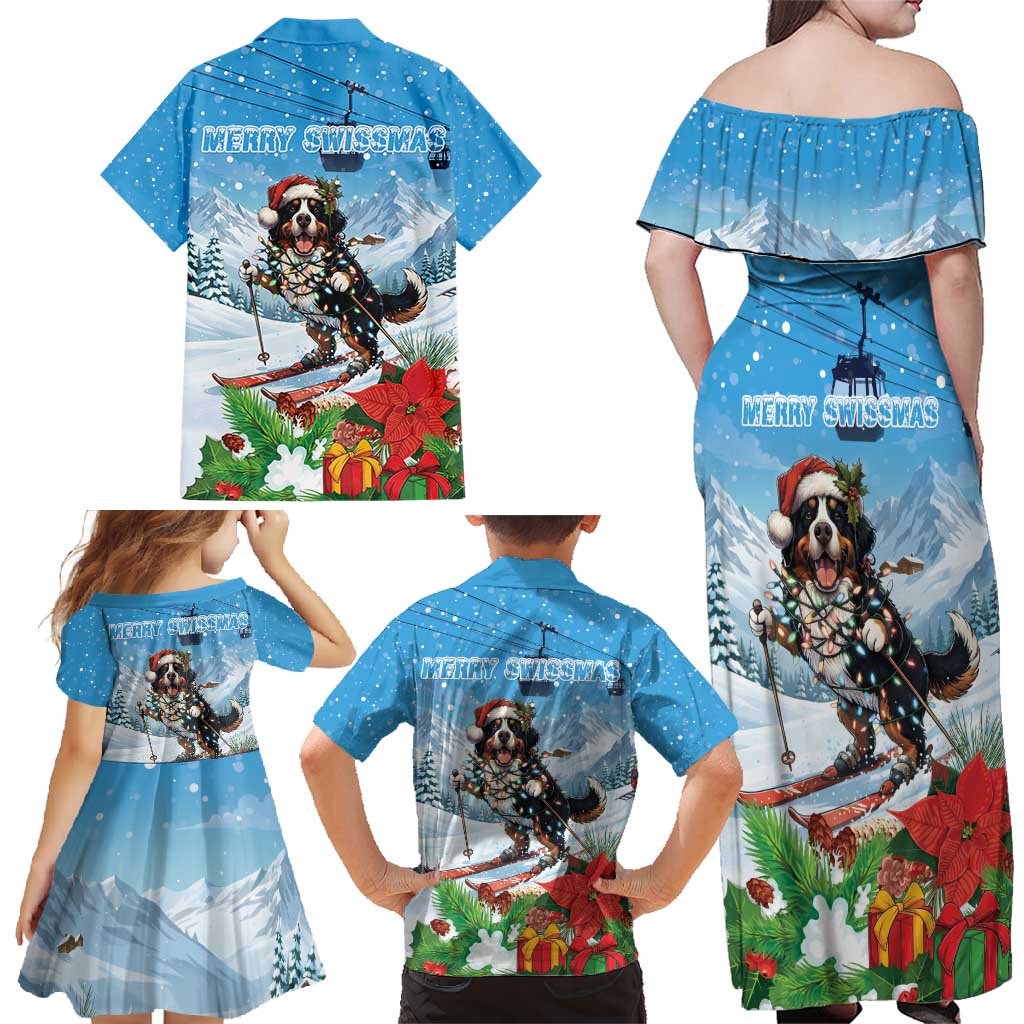 Switzerland Christmas Family Matching Off Shoulder Maxi Dress and Hawaiian Shirt Merry Swissmas Bernese Mountain Dog - Wonder Print Shop