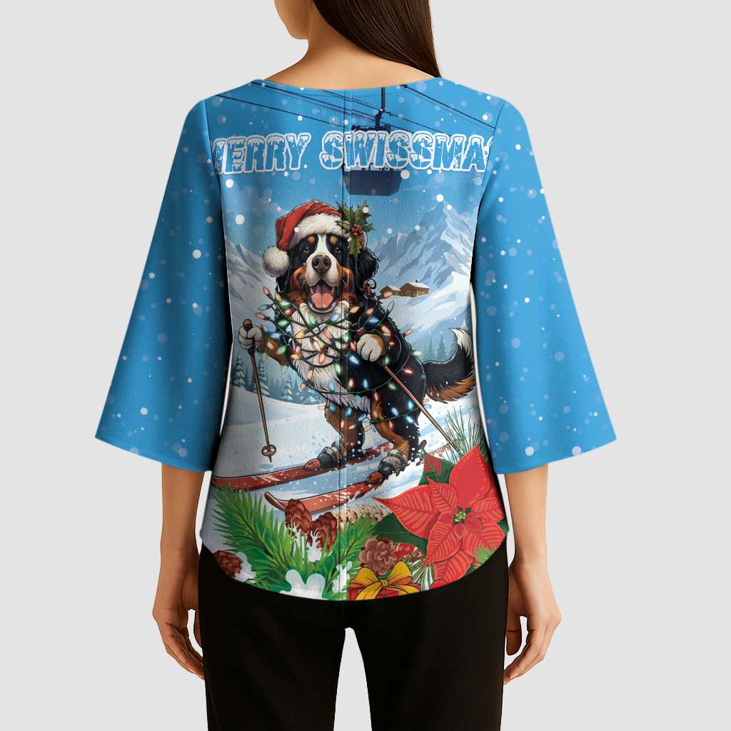 Switzerland Christmas Kimono Sleeve Blouse Merry Swissmas Bernese Mountain Dog - Wonder Print Shop
