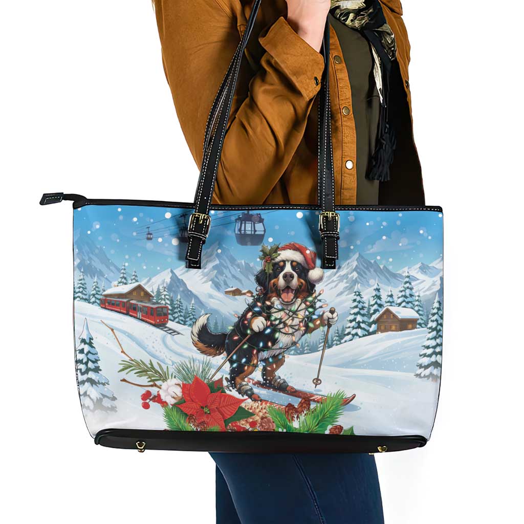 Switzerland Christmas Leather Tote Bag Merry Swissmas Bernese Mountain Dog - Wonder Print Shop