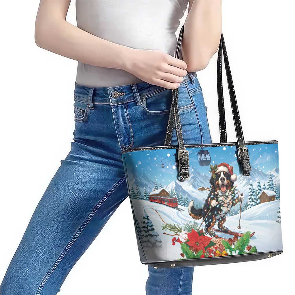 Switzerland Christmas Leather Tote Bag Merry Swissmas Bernese Mountain Dog - Wonder Print Shop