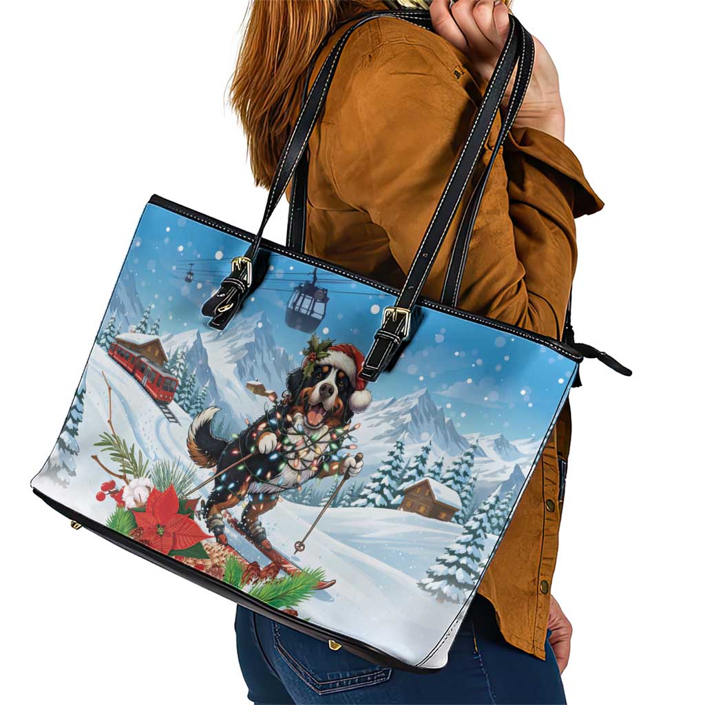 Switzerland Christmas Leather Tote Bag Merry Swissmas Bernese Mountain Dog - Wonder Print Shop