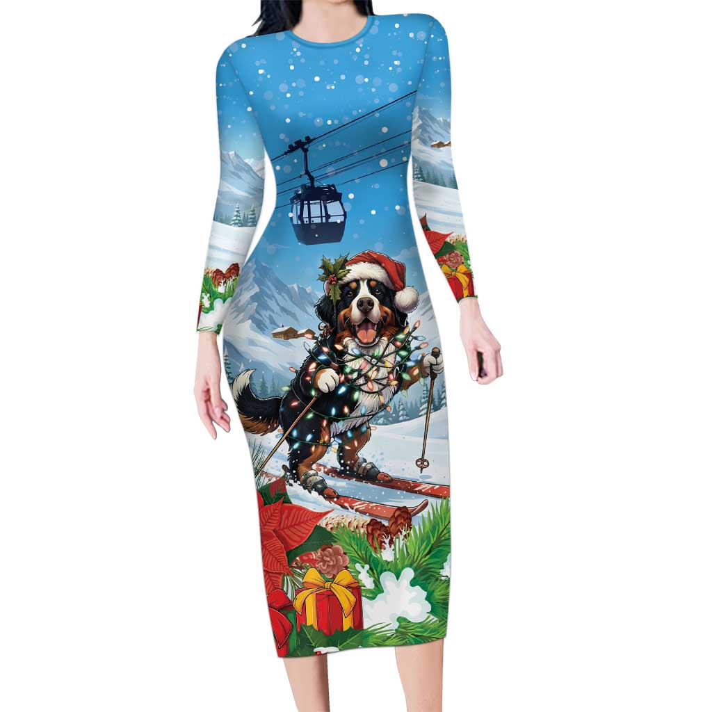 Switzerland Christmas Long Sleeve Bodycon Dress Merry Swissmas Bernese Mountain Dog - Wonder Print Shop