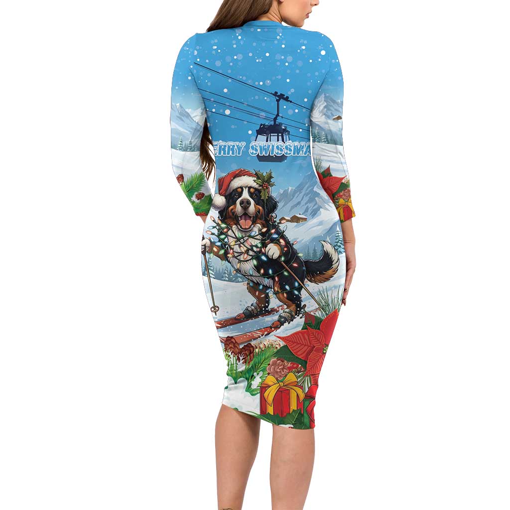 Switzerland Christmas Long Sleeve Bodycon Dress Merry Swissmas Bernese Mountain Dog - Wonder Print Shop