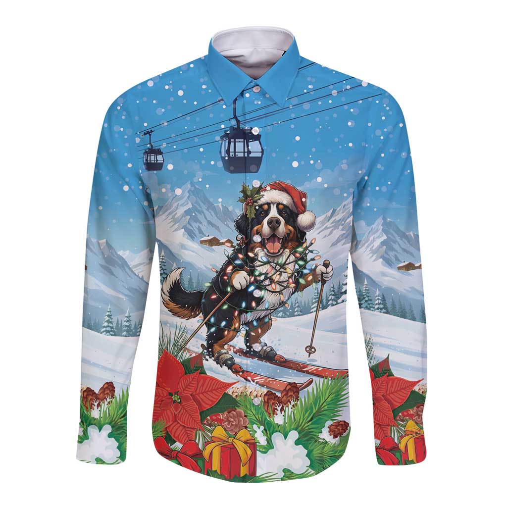 Switzerland Christmas Long Sleeve Button Shirt Merry Swissmas Bernese Mountain Dog - Wonder Print Shop