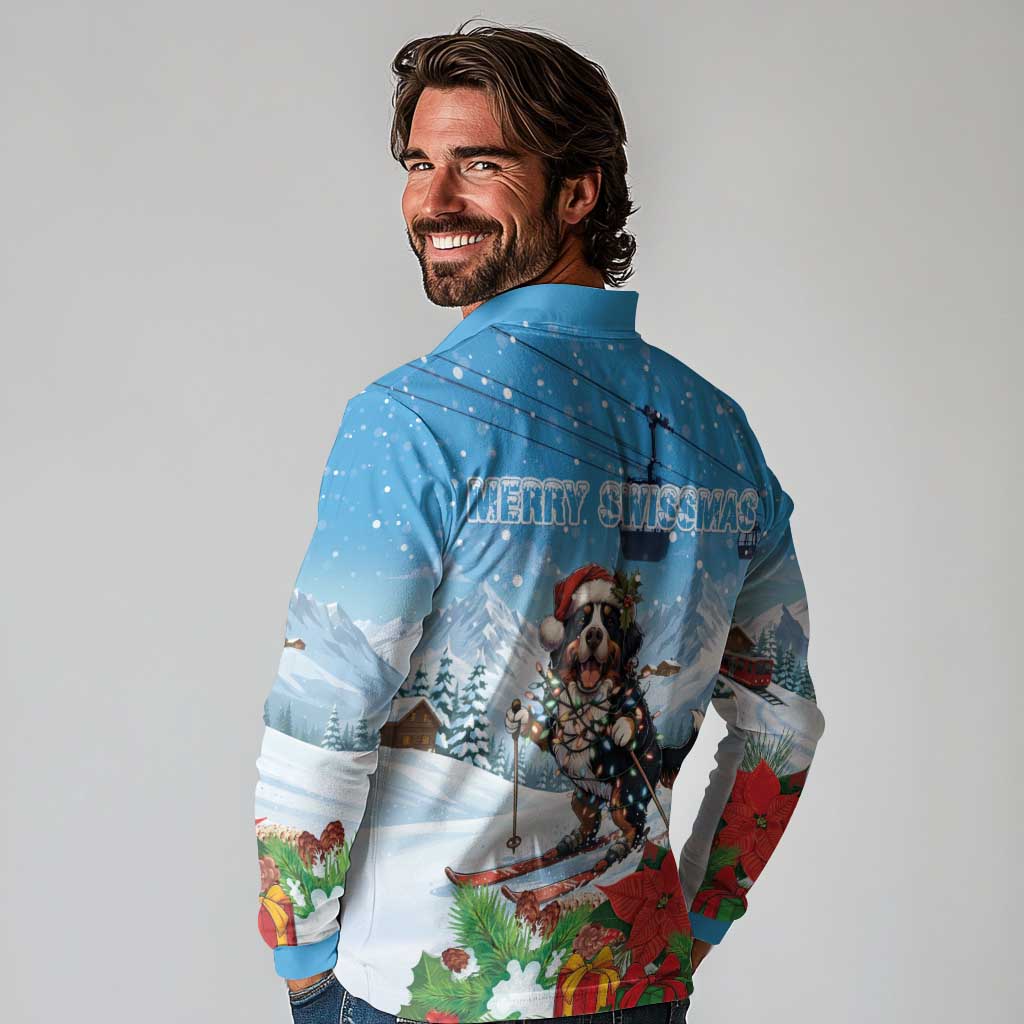 Switzerland Christmas Long Sleeve Polo Shirt Merry Swissmas Bernese Mountain Dog - Wonder Print Shop