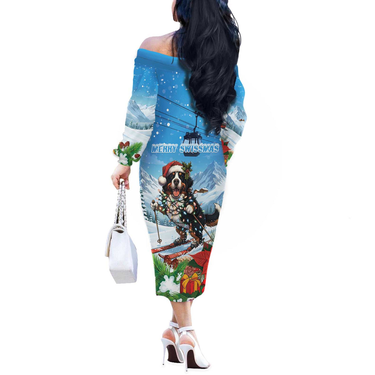 Switzerland Christmas Off The Shoulder Long Sleeve Dress Merry Swissmas Bernese Mountain Dog - Wonder Print Shop