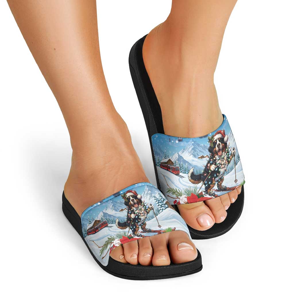 Switzerland Christmas Slide Sandals Merry Swissmas Bernese Mountain Dog - Wonder Print Shop