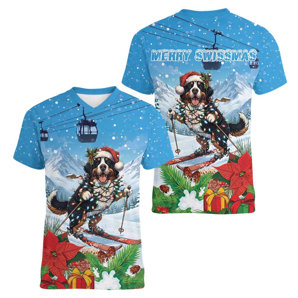 Switzerland Christmas Women V-Neck T-Shirt Merry Swissmas Bernese Mountain Dog - Wonder Print Shop