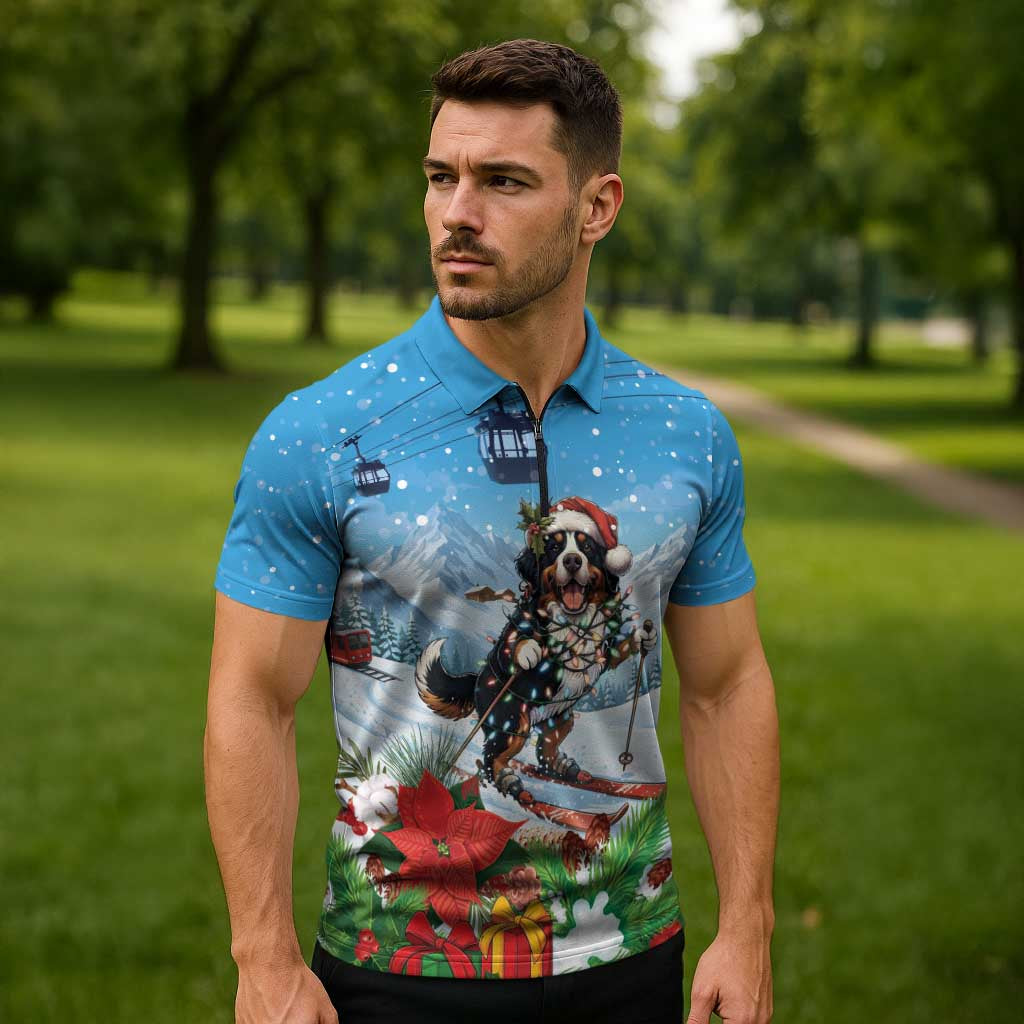 Switzerland Christmas Zipper Polo Shirt Merry Swissmas Bernese Mountain Dog - Wonder Print Shop
