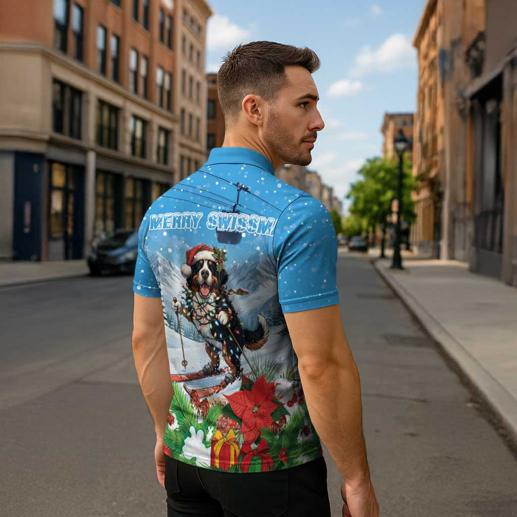 Switzerland Christmas Zipper Polo Shirt Merry Swissmas Bernese Mountain Dog - Wonder Print Shop