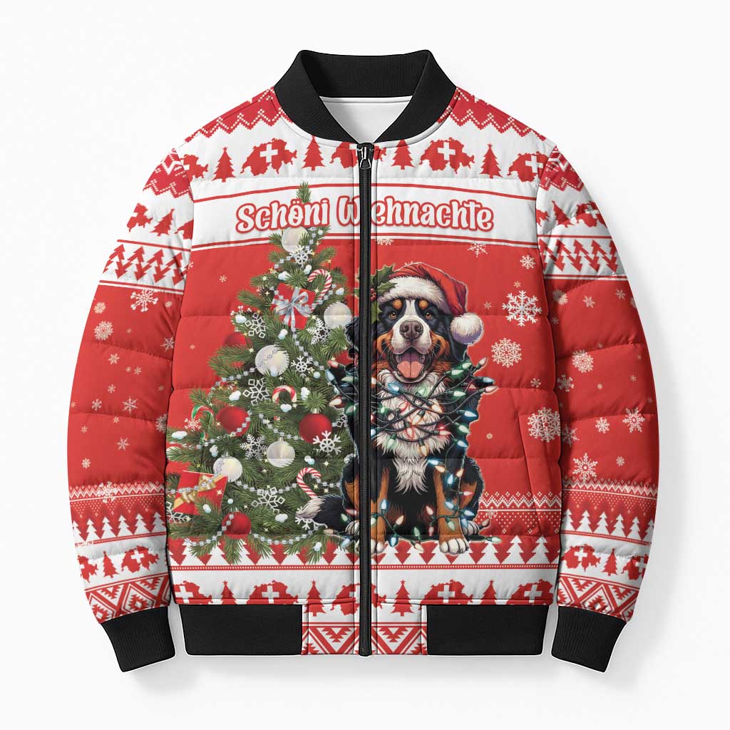Personalized Merry Swissmas Bomber Puffer Jacket Bernese Mountain Dog Christmas Pattern - Wonder Print Shop