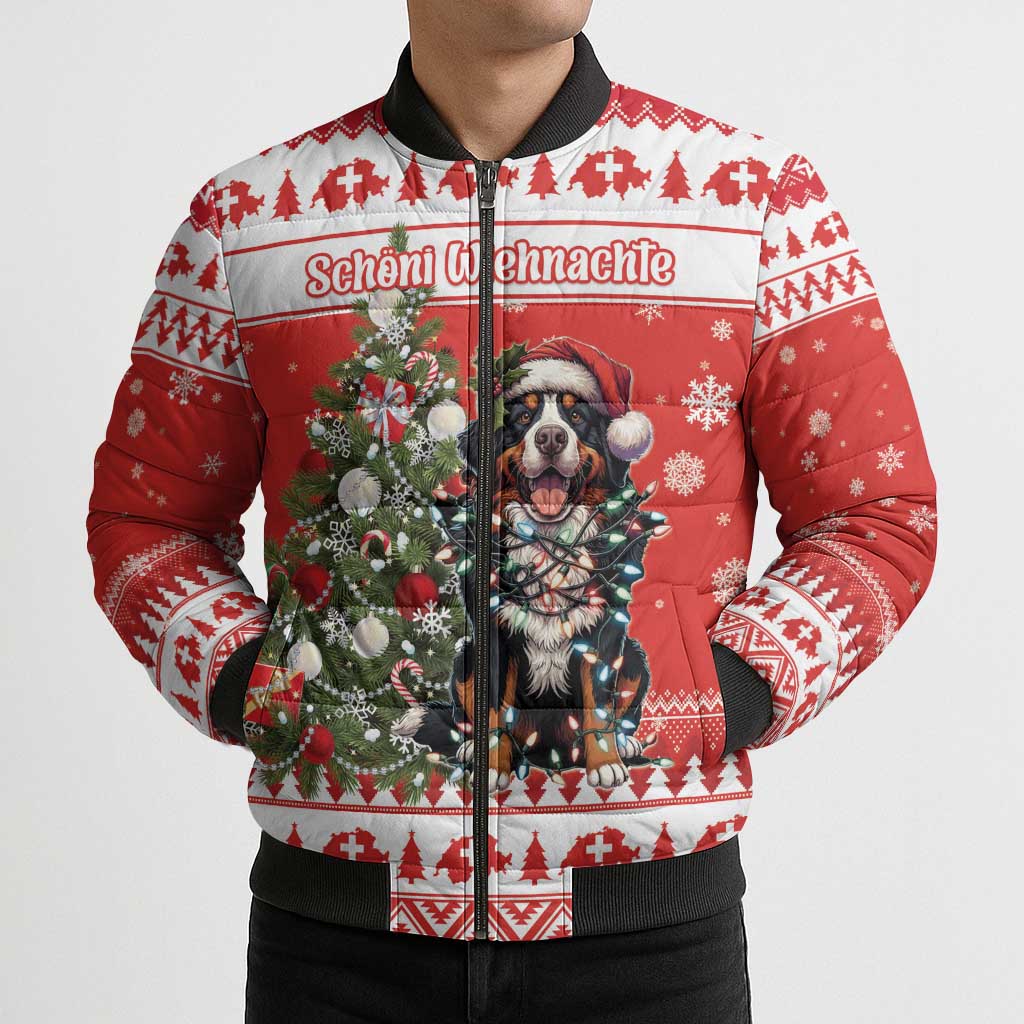 Personalized Merry Swissmas Bomber Puffer Jacket Bernese Mountain Dog Christmas Pattern - Wonder Print Shop