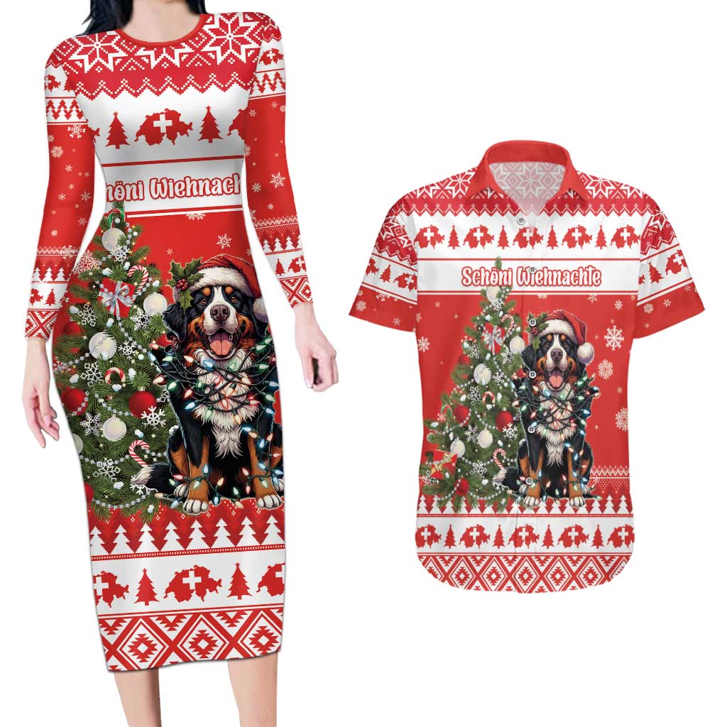 Personalized Merry Swissmas Couples Matching Long Sleeve Bodycon Dress and Hawaiian Shirt Bernese Mountain Dog Christmas Pattern - Wonder Print Shop