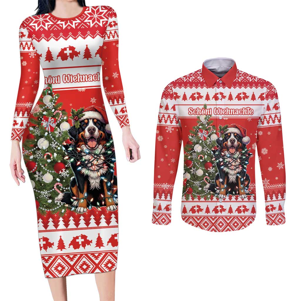 Personalized Merry Swissmas Couples Matching Long Sleeve Bodycon Dress and Long Sleeve Button Shirt Bernese Mountain Dog Christmas Pattern - Wonder Print Shop